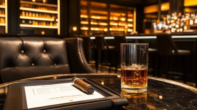 Elegant bar scene featuring a glass of whiskey, a cigar, and a menu on a marble table