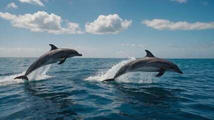 Fototapeta premium Two dolphins jumping out of the ocean against a clear blue sky with clouds