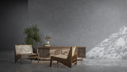 Abstract interior space background. 3d rendering of living room with empty concrete wall.