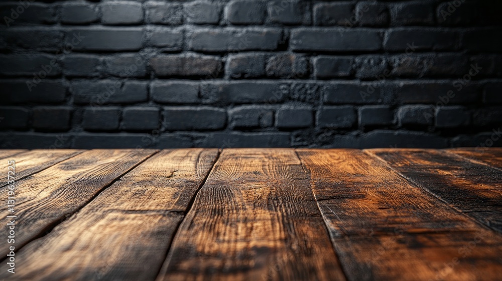 Aufkleber An empty brown wooden table displays distinct grains and textures while resting in front of a dark brick wall, evoking warmth and a sense of rustic charm in a cozy environment