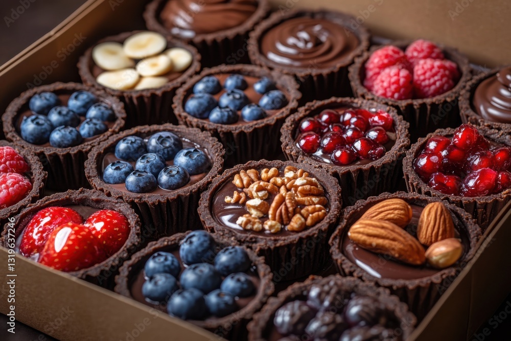 Poster assorted chocolate tarts topped with fresh fruits and nuts in a box a delightful collection of desse