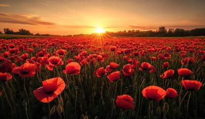 Obraz premium Expansive Field of Red Poppies Under Golden Sunrise with Soft Glowing Light Illuminating Nature's Beauty and Serenity in Spring Season