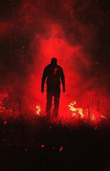 Obraz premium Mysterious Silhouette in Fiery Red Atmosphere Amidst Flames and Smoke at Night