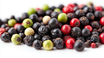 Colorful Assortment of Black, Green, and Red Peppercorns on White Background for Culinary Use