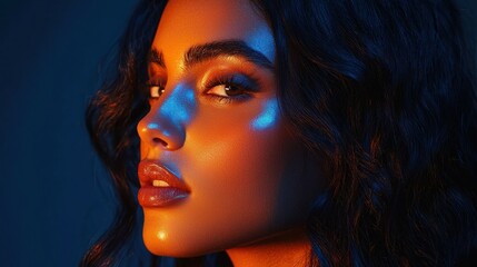 Fototapeta premium Dramatic profile of a woman with warm and cool lighting highlighting her features