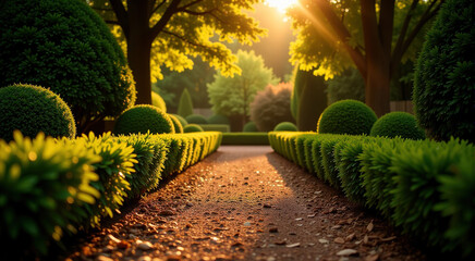 Obraz premium Sunlit path through a manicured garden with lush green shrubs and trees. Peaceful and serene atmosphere.