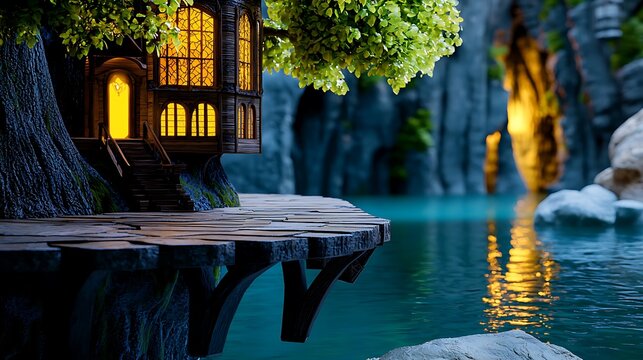 Enchanted treehouse by a serene lake surrounded by rocky cliffs and glowing lights - Powered by Adobe