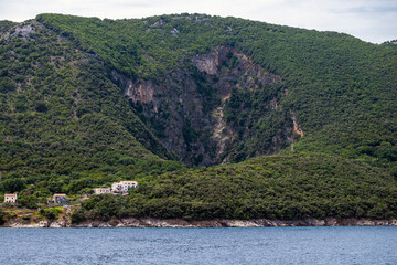 Beautiful mountain with signs of landslide at the village of Merag, located on Cres island, Croatia