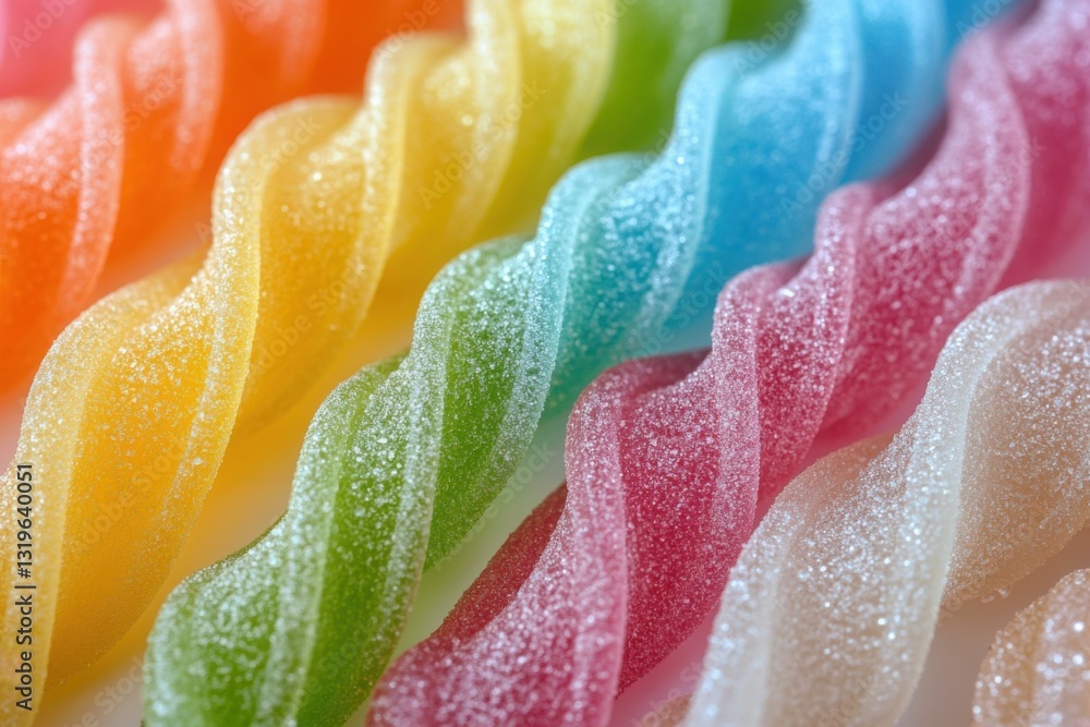 Poster close-up view of colorful candy twists with a sugary coating creating a visually appealing pattern