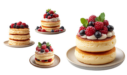 fluffy pancake stacked together, topped with berries and cream on transparent background