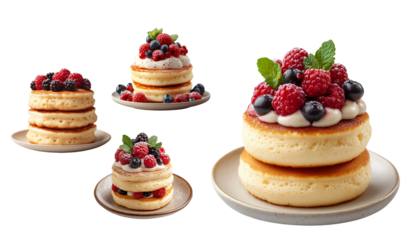 fluffy pancake stacked together, topped with berries and cream on transparent background