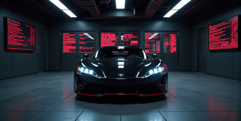 Sleek black supercar in a modern garage with red digital displays. Perfect for automotive, technology, and luxury concepts.