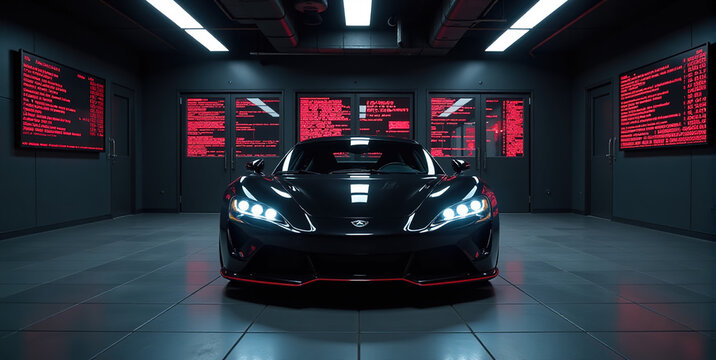 Sleek black supercar in a modern garage with red digital displays. Perfect for automotive, technology, and luxury concepts.