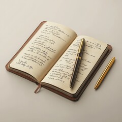 Gold pen on open 3D leather notebook with notes