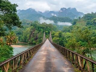 Serene Bridge Over River with Lush Green Mountains in Background