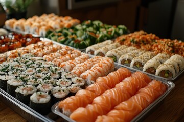 Delicious sushi variety restaurant food display
