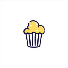 Cute and Colorful Cartoon Cupcake Vector Design with Yellow Fluffy Top and Blue Outline for Sweet Themes.