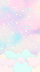 fairy sky shiny stars and hearts, unicorn pastel color fluffy clouds, fairy tale and lullaby nursery rhyme vertical social media background