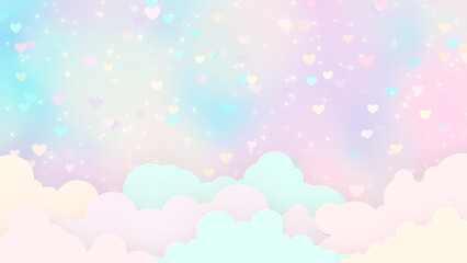 fairy sky shiny stars and hearts, unicorn pastel color fluffy clouds, fairy tale and lullaby nursery rhyme social media background