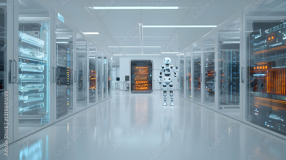 Poster isometric pixelated robot standing in a data center hallway with servers and bright illumination