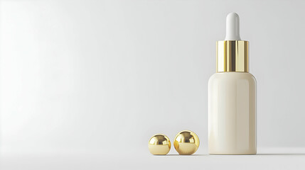 Naklejka premium Luxury Cosmetic Product White Bottle Golden Cap Dropper Two Golden Spheres Bright White Backdrop Elegant Minimalist Skincare
