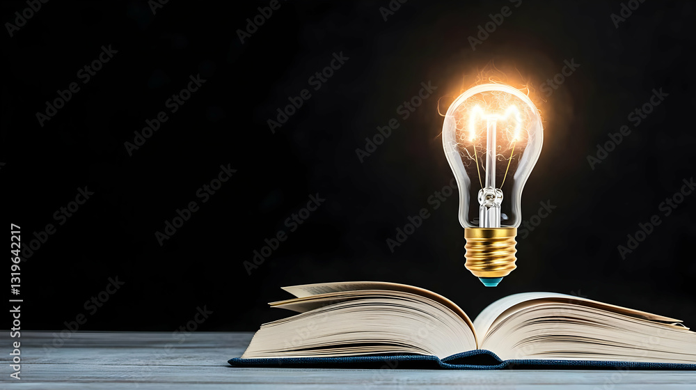 Poster bright idea illuminated light bulb above open book on rustic wooden table in dark background knowled