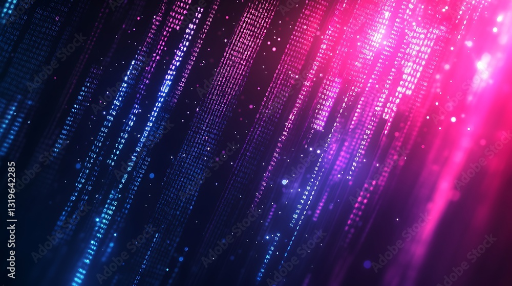 Poster digital circuitry: an abstract representation of digital data streams, rendered in vibrant neon colo