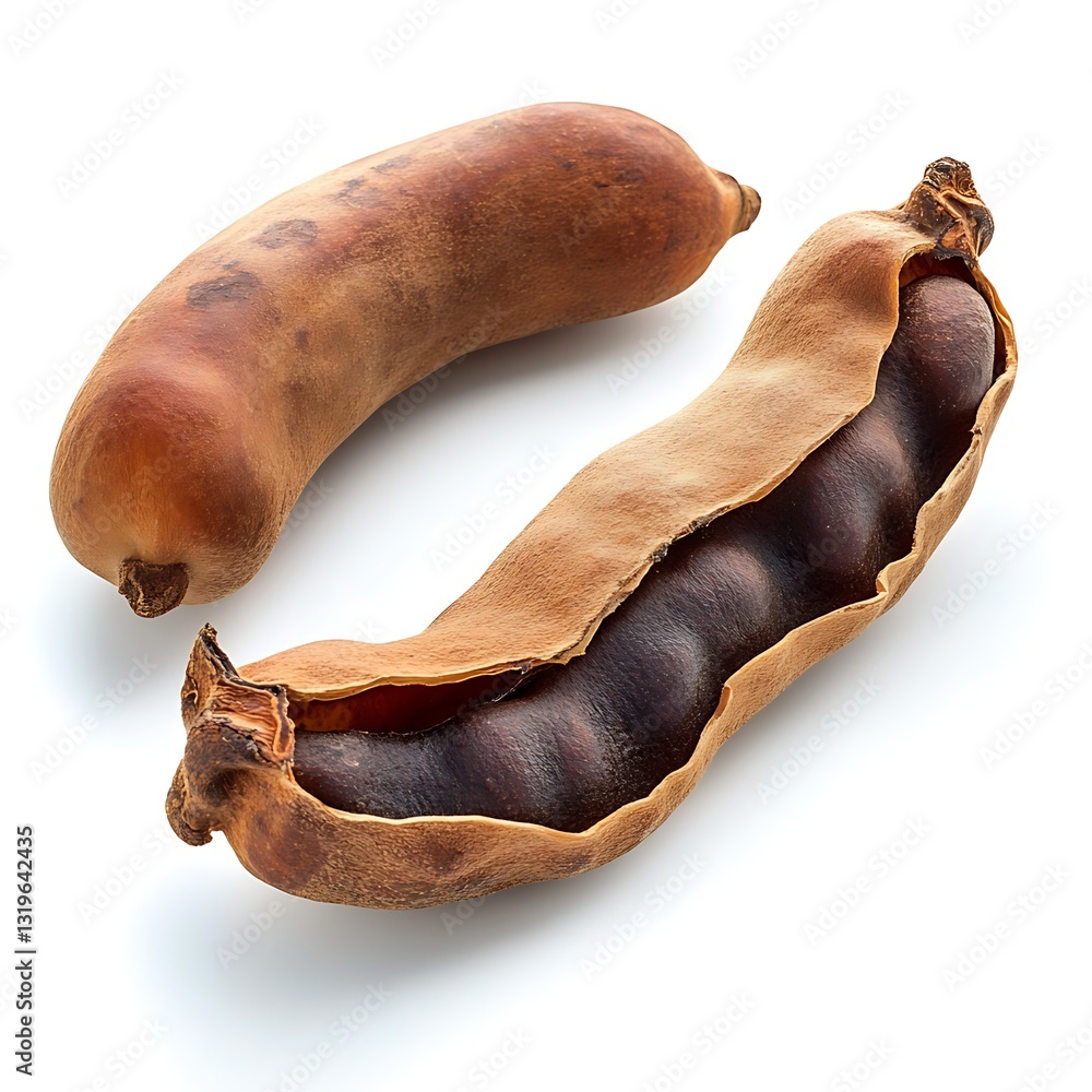 Poster tamarind delight: captivating overhead shot of two tamarind fruits on display, the outer shell of on