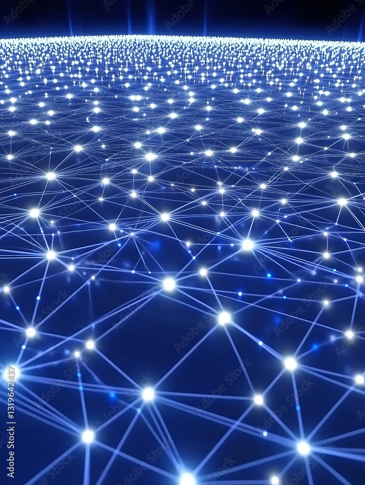 Poster abstract technology network with glowing nodes on a dark blue backdrop