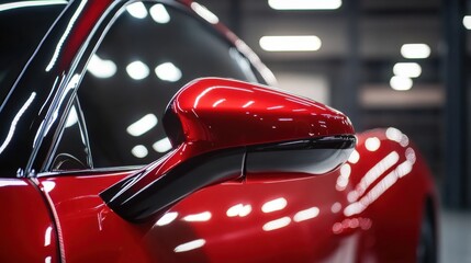 Glossy Red Car Side Mirror Detail with Bright Reflections