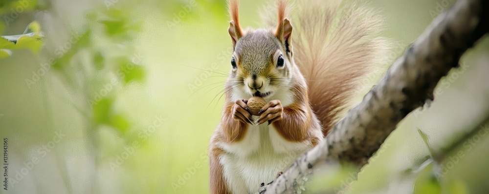Poster a curious squirrel enjoys a nut while perched on a tree branch