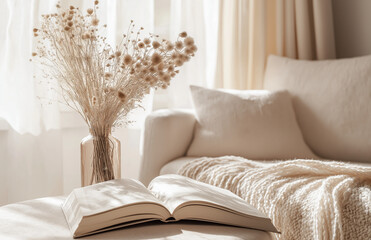 Fototapeta premium Cozy boho living room with a blanket and books on the sofa, soft lighting, dried flowers, and natural decor in pastel beige tones. Scandinavian hygge vibe