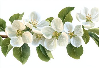 Obraz premium Delicate White Flowering Branch with Fresh Green Leaves and Vibrant Blossoms in Spring