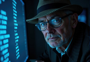 Close-up portrait of a senior man wearing a fedora and glasses, intensely focused on a computer screen displaying numerical data at night.