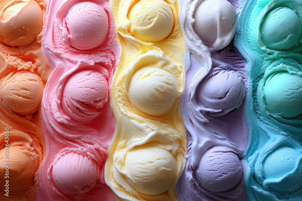 Poster a colorful assortment of frozen ice cream scoops swirled together creating a tempting and visually a