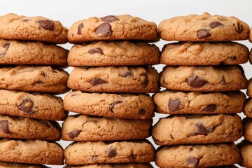 Heap of homemade chocolate chip cookies ones on top of the others on white background, side view