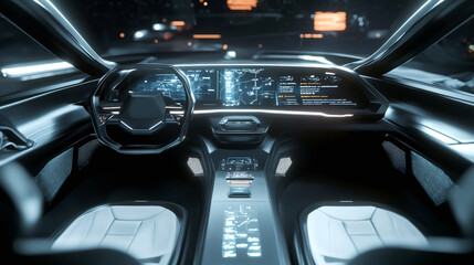 Glimpse Into The Future A Sleek, Futuristic Cars Cockpit Glows With Advanced Technology, Promising A Seamless And Exhilarating Driving Experience Bathed In Cool Blue Light