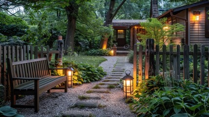 Serene Evening Garden Path: Illuminated Pathway, Wooden Bench, and Cozy Cottage