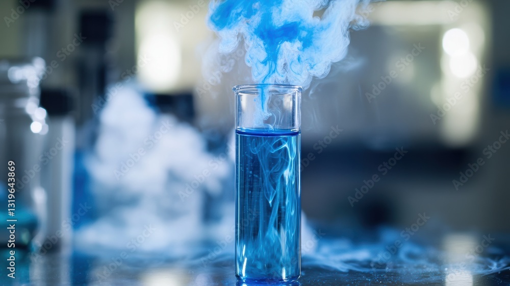 Poster blue liquid in a test tube creates vapor in a chemistry lab while developing new chemical formulatio