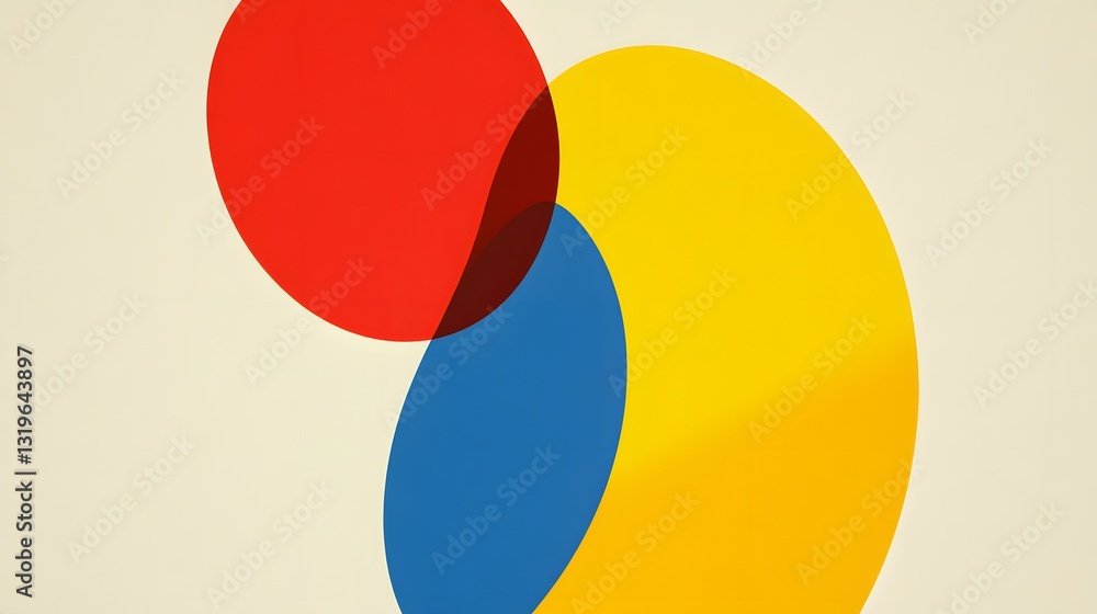 Poster overlapping colorful geometric shapes and forms on beige background