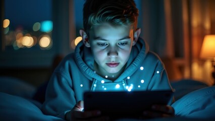 Teenager with augmented reality tablet reflecting city lights in their room