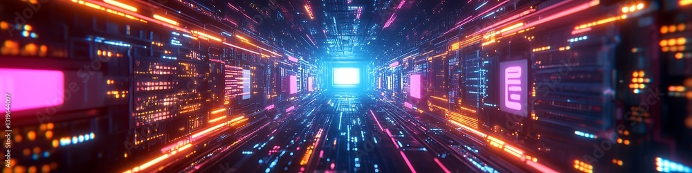 Poster digital gateway: immerse in a futuristic tunnel pulsating with neon lights, leading to a brilliant p