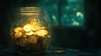 A Glass Jar Filled With Golden Coins Illuminated By Light
