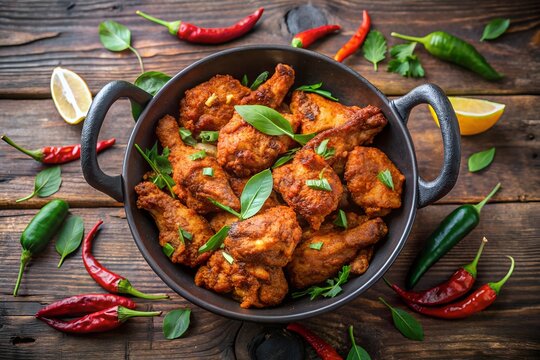 chicken 65 in karahi on wood background 