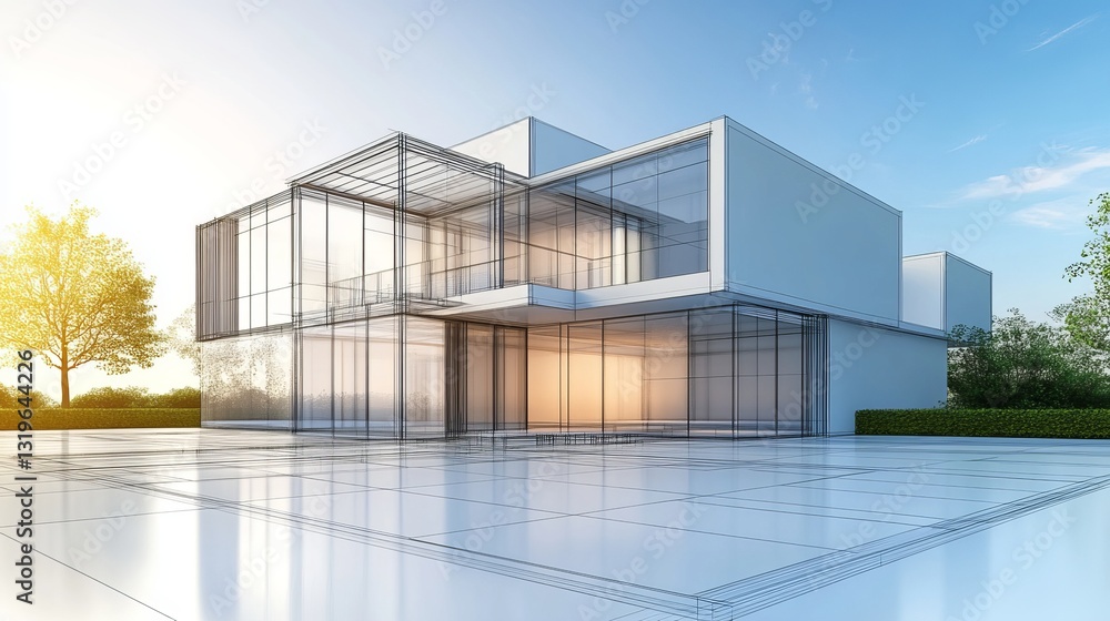 Poster architectural sketch of a contemporary building with a 3d rendering