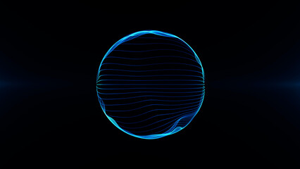 Absolute glowing blue energy looped sphere of strings of lines and particles moving on a dark glowing background .Futuristic technological energy ball