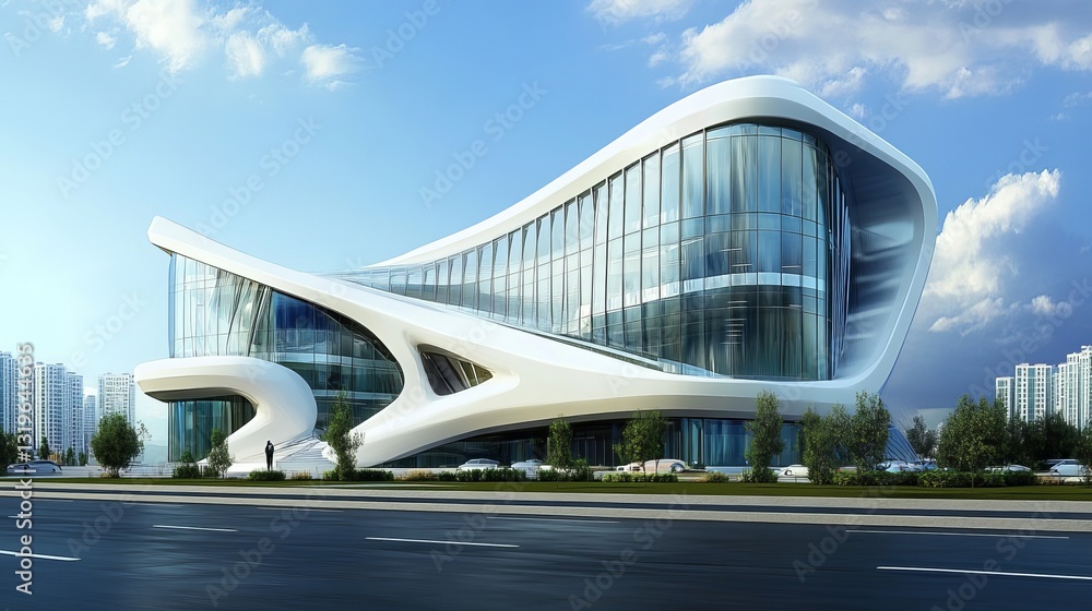 Poster architectural sketch of a contemporary building with a 3d rendering