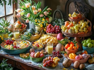 Easter brunch table setting overflowing with festive treats and decorations. Generative ai illustrations