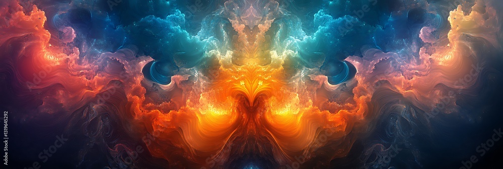 Poster celestial fusion: an abstract depiction of cosmic clouds swirling in vibrant hues, creating a mesmer