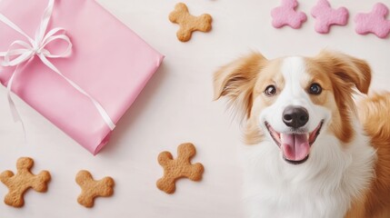 Happy dog surrounded by treats and a pink gift, celebrating a joyful occasion indoors
